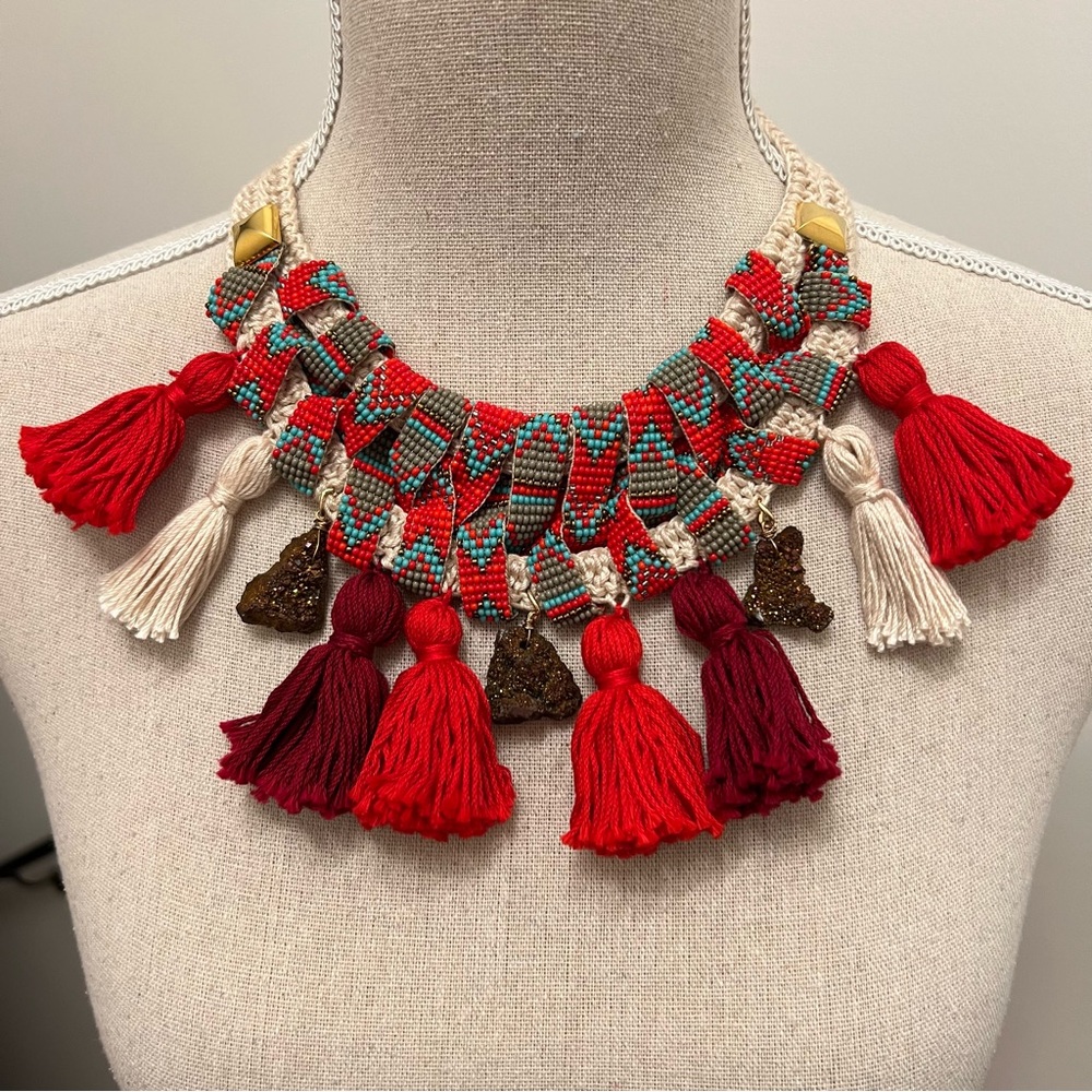 Handcrafted Pyrite Mineral Beaded Tassel  Macrame Collar Colorful Boho Necklace